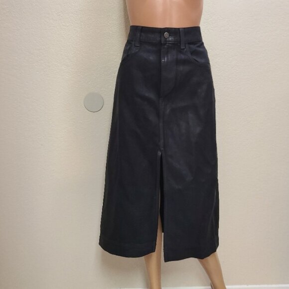 NEW NWT! SUNDANCE BRONTE MIDI COATED JEAN SKIRT HIGH FRONT SLIT STRETCH BLACK 27 - Picture 2 of 8